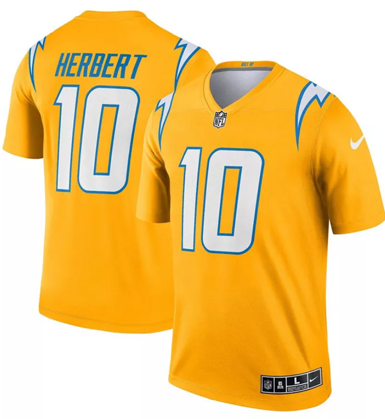 Men Los Angeles Chargers 10 Justin Herbert Gold-Tone Inverted Legend Nike NFL 2025 Jersey